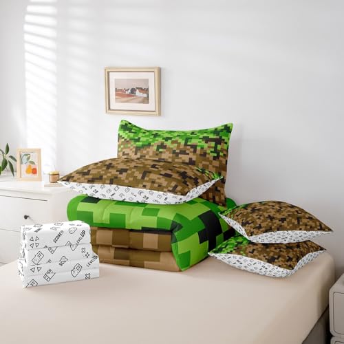 Miners Style Square Grid 7Pcs Comforter Set Twin Size,Brown Green Army Camo Bedding Set for Kids Boys Teens Men Room Decor,Cartoon Gamepad Reversible Bed in a Bag Pixelated Games Flat Fitted Sheet Castle Fairy