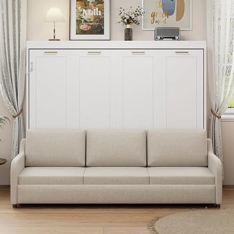 VilroCaz Queen Size Murphy Bed with Folding Sofa and Built-in Storage Shelves, Wood Murphy Cabinet Wall Bed with LED Strip Lights, Space-Saving Design (Queen) VilroCaz