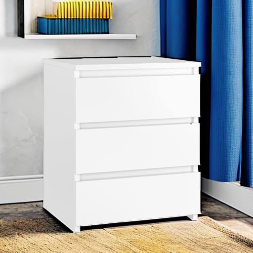 FOTOSOK White Nightstand with 3 Drawers, White Bedside Table Night Stand for Bedroom with Cut-Out Handle, Sofa Side Table 3 Drawer Nightstand for Bedroom, 17.7W*15D*21.7H FOTOSOK