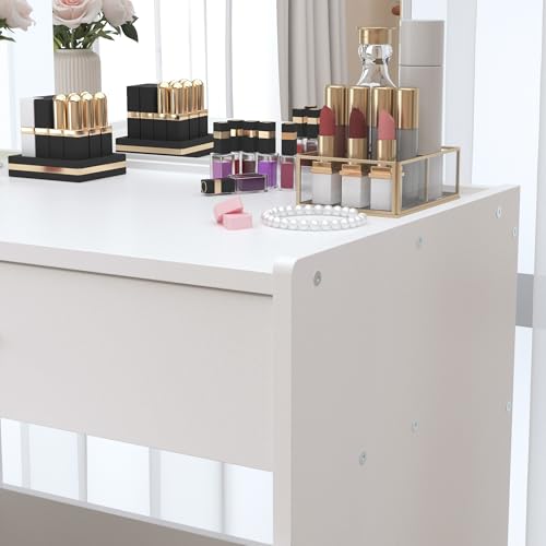 NAIYUFA Vanity Desk,Small Vanity with Storage Drawer & Chair,Makeup Vanity Desk with Mirror,Modern Vanity Table Set for Bedroom Small Space,White NAIYUFA
