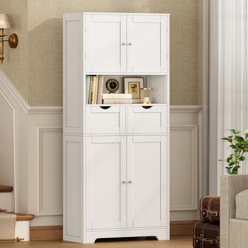 TEENFON 57.8" H Tall Bathroom Storage Cabinet with 4 Doors & 2 Adjustable Shelves, Freestanding Bathroom Cabinet with 2 Drawers, Kitchen Cabinets & Pantry, Cupboard for Kitchen, Dining Room, White TEENFON