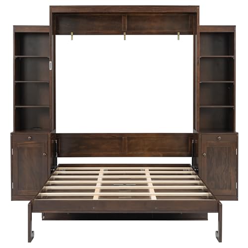 XD Designs Farmhouse Wall Murphy Bed Queen Size with Desk & Drawers, Can be Folded Solid Wood Murphy Cabinet Bedframe with Cabinets & Bookshelf, Space-Saving Design (Espresso-K18) XD Designs