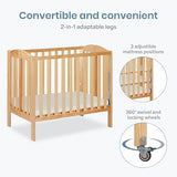 Dream On Me 3-in-1 Portable Folding Stationary Side Mini Baby Crib in Natural & Mattress, GreenGuard Gold & BSA, Use as Changer & Playpen, Locking Wheels, 3 Mattress Heights, Extra Firm Mattress