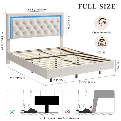Garvee Floating Bed Frame Full Size with Smart Led Lights, Upholstered Platform Bed with Diamond Headboard, Solid Wood Slats Support, No Box Spring Needed, Noise-Free, Easy Assembly, White Garvee