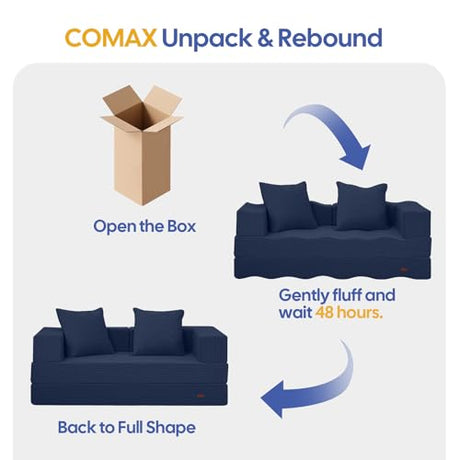 COMAX Futon Sofa Bed, 4‑in‑1 Convertible Sofa Bed, Folding Boneless Couches for Living Room, Fold Out Small Foldable Loveseat Floor Sleeper Comfy Mattress Lounge Space‑Saving, Navy Blue COMAX