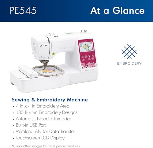 Brother PE545 Embroidery Machine, Wireless LAN Connected, 135 Built-in Designs, 4" x 4" Hoop Area, Premium Embroidery Thread 6 Spools, 75/11 Size Embroidery Needles 100 Count
