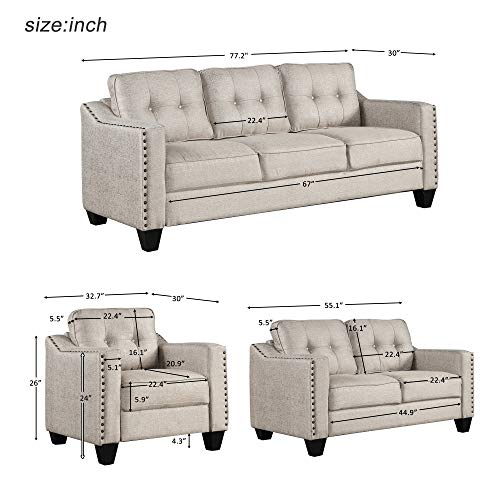 3 Pieses Mid-Century Modern Sofa Sets Linen Fabric Tufted Back Sofa&Couch Include 3 Seaters Couch, Loveseat and Armchair with Rivets Rivets for Home Apartment Office Living Room Furniture Sets