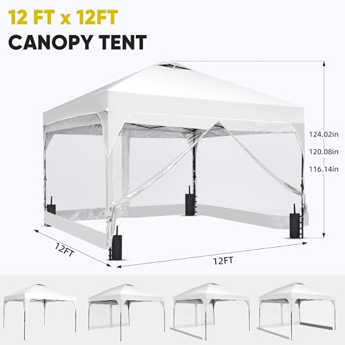 GDY 12x12FT Pop Up Canopy Tent with One Push Setup, Easy Setup Gazebo with 4 PVC Transparent Sidewalls,Includes Wheeled Bag. for Events, Parties, Camping, White. GDY