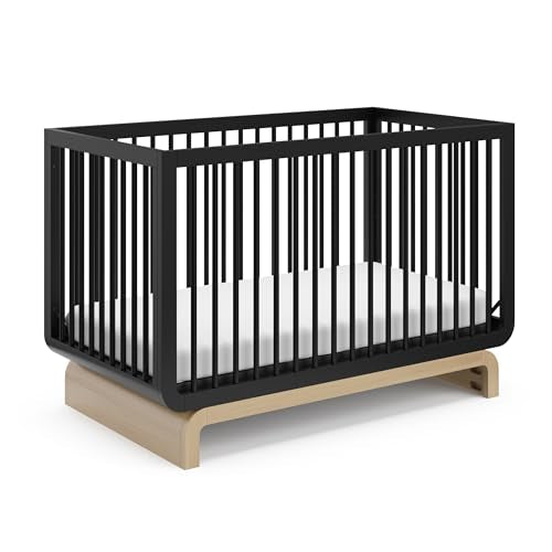 Storkcraft Santorini Deluxe 5-in-1 Convertible Crib with Bonus Toddler Guardrail (Black with Driftwood) – GREENGUARD Gold Certified, Toddler Guardrail Included in Box, Fits Standard Crib Matt - WoodArtSupply