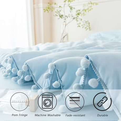 PERFEMET 5 Pieces Full Bed in A Bag Light Blue Pom Pom Bedding Set for Girls Boys Soft Fluffy Boho Solid Bedding Comforter Set with Sheets(Light Blue, Full) PERFEMET