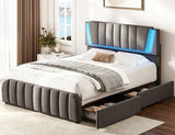 Decofy Queen Size LED Platform Bed Frame with Soft-Glow Mood Lighting & Adjustable Upholstered Headboard, Modern Linen Bed with Storage Drawers, Heavy Duty Metal Support, No Box Spring Needed, Grey Decofy