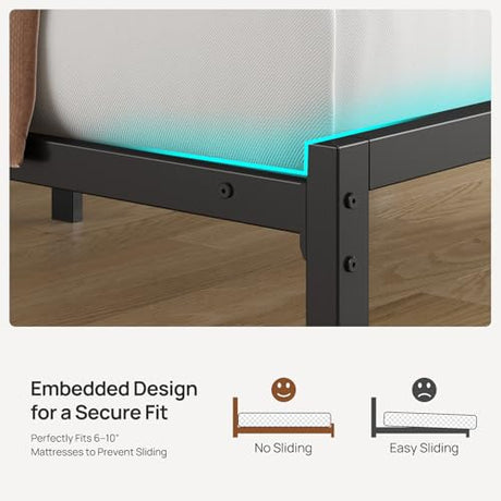 Seventable Twin Bed Frame with Upholstered Storage Headboard, Charging Station & LED Lights, Metal Platform Bed with Under Bed Storage, No Box Spring Needed, Noise Free, Easy Assembly, Black Seventable
