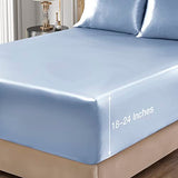 VACVELT 4pcs Extra Deep Pocket Queen Size Bedding Set, Baby Blue Luxury Satin Sheet Set Fit 18-24 Inch Deep Pocket Mattress, Soft & Ultra Deep Fitted Sheet Set VACVELT
