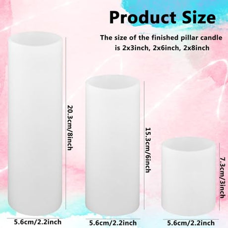 Large Cylinder Mold for Candle Making, 2x3Inch 2x6Inch 2x8Inch Cylinder Silicone Candle Mold, 3 Pcs Long Pillar Epoxy Resin Casting Mold for Wax Candle Resin Craft Making Kackaidi