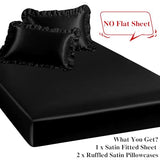 P Pothuiny 3-Piece Set Ruffle Satin Pillowcases & Queen Fitted Sheet, Luxury Black Satin Fitted Sheet Silky Soft Cute Bedding Bedroom Decor, Wrinkle Free, 15 Inch Deep Pocket P Pothuiny