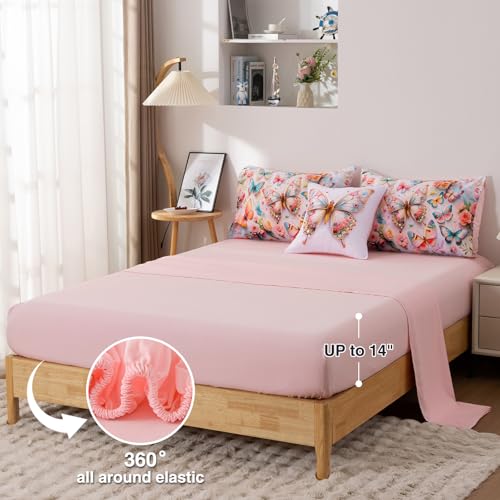A Nice Night Full 6pcs Bed in A Bag Pink and Blue 3D Various Butterfly Printed, Butterflies Flying in Flower Design Bedding Full Comforter Set, for Girls Kids Teens A Nice Night