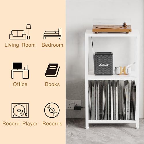 YAKANJ End Table with LED Light,Record Player Stand with Albums Storage,Vinyl Records Storage,Turntable Stand Side Table for Music Room Studio Living Room Bedroom-Rustic White YAKANJ
