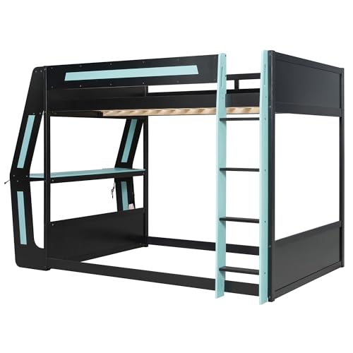 SOFTSEA Full Size Gaming Loft Bed with Desk, LED Lights & Charging Station, Wood Full Gaming Bunk Bed with Desk and Storage Shelves for Kids Teens Adults, Black & Blue SOFTSEA
