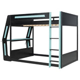 SOFTSEA Full Size Gaming Loft Bed with Desk, LED Lights & Charging Station, Wood Full Gaming Bunk Bed with Desk and Storage Shelves for Kids Teens Adults, Black & Blue SOFTSEA