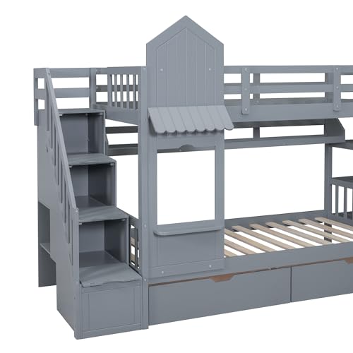Ball & Cast Twin-Over-Twin Castle Style Bunk Bed,Wood Bunkbed w/ 2 Drawers and 3 Shelves,Full-Length Fence,Bedframe with Slide & Storage Ladder,Space Saving,Slat Support,for Child's Bedroom,Gray Ball & Cast