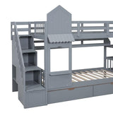 Ball & Cast Twin-Over-Twin Castle Style Bunk Bed,Wood Bunkbed w/ 2 Drawers and 3 Shelves,Full-Length Fence,Bedframe with Slide & Storage Ladder,Space Saving,Slat Support,for Child's Bedroom,Gray Ball & Cast