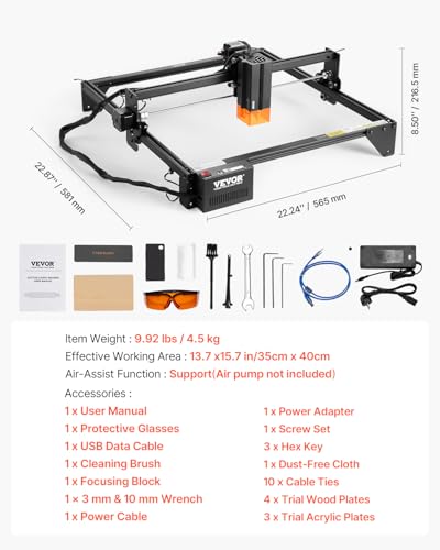 VEVOR 20W Output, Laser Engraving Cutter Machine, 13.7 x 15.7 in/35 x 40 cm Working Area, 10000 mm/min Movement Speed, Compressed Spot with Eye Protection, for Wood, Certain Metal, Black VEVOR