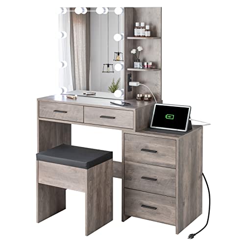 VINGLI Vanity Desk with Sliding Mirror & Lights & Charging Station & Drawers & Shelves, Farmhouse Modern Makeup Vanity Set with Stool for Bedroom VINGLI