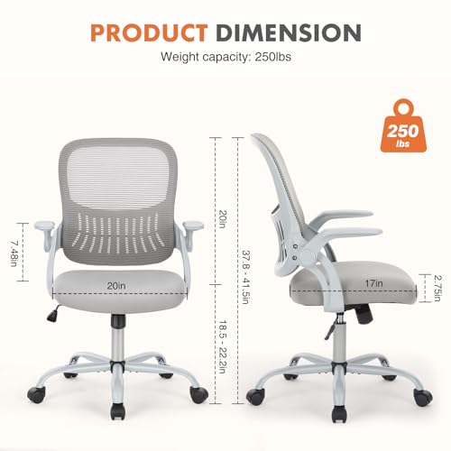 Sweetcrispy Home Office Managerial Executive Chair, Ergonomic Mesh Adjustable Swivel Mid-Back Chair with, Flip-up Arms, Comfortable Lumbar Support, Comfy Arms for Bedroom,Study,Student, Grey Sweetcrispy