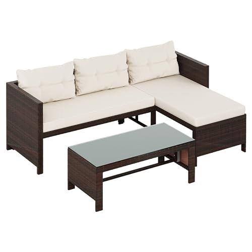 Shintenchi Outdoor Patio Furniture Sets, Wicker Patio sectional Sets 3-Piece, All Weather Wicker Rattan Patio Seating Sofas with Glass Coffee Table and Cushion (Beige) Shintenchi