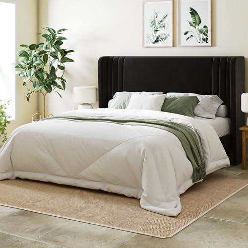 Allewie Full Size Velvet Platform Bed Frame with Vertical Tufted Wingback Headboard, Easy Assembly, Under Bed Storage, No Box Spring Required, Modern Style, Black Allewie