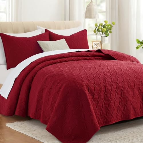 Lavsiry Red Oversized California Cal King Size Quilt Bedding Set with Pillow Shams, Summer Lightweight Bedspread Coverlet, Soft Quilted Blanket Thin Comforter for All Seasons Lavsiry