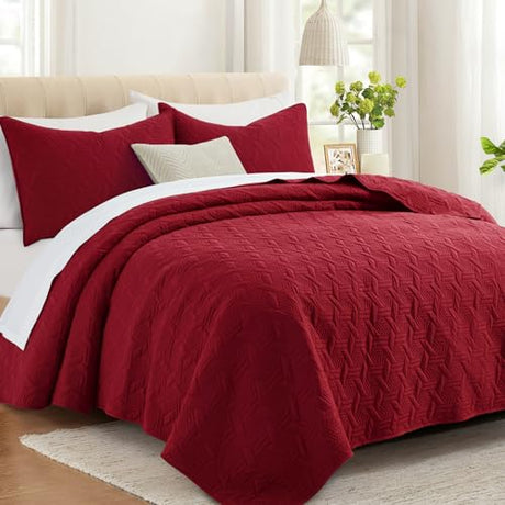 Lavsiry Red Queen Size Quilt Bedding Set with Pillow Shams, Summer Lightweight Bedspread Coverlet, Soft Quilted Blanket Thin Comforter for All Seasons Lavsiry
