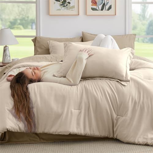 Bedsure King Size Comforter Set - 7 Pieces Light Beige King Bedding Set for All Seasons, Boho Contrasting Design Bed in a Bag with Comforter, Sheets, Pillowcases & Shams Bedsure