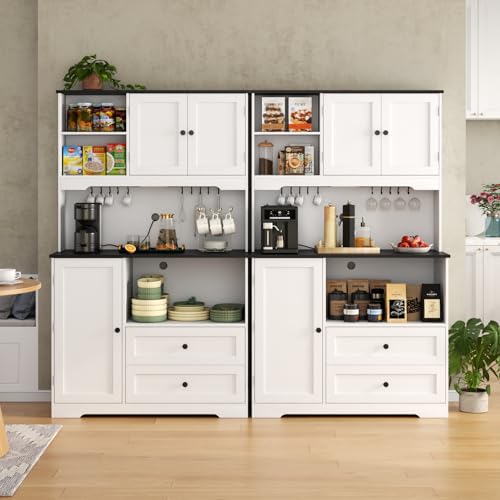 68"Tall Kitchen Pantry Storage Cabinet with Charging Station,Upgrade Freestanding Food Pantry with Wine Glass Holder ,Drawers and Shelves,Kitchen Hutch with Microwave Stand for Kitchens(White+Black) Gyfimoie