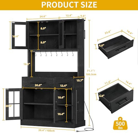 DWVO Kitchen Pantry Storage Cabinet with Microwave Stand, 71'' Tall Kitchen Hutch Cabinets with Power Outlet, Modern Food Pantry Hutch with Drawers ＆ Shelves for Home, Pack of 1, Black DWVO