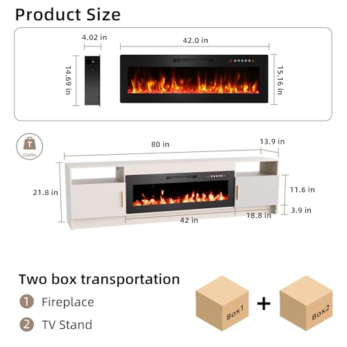 EAG 80" Electric Fireplace TV Stand with 42 inch Fireplace Up to 90" TVs, Entertainment Center with with Storage Cabinet & LED Lights, Modern Media Console for Living Room, White EAG