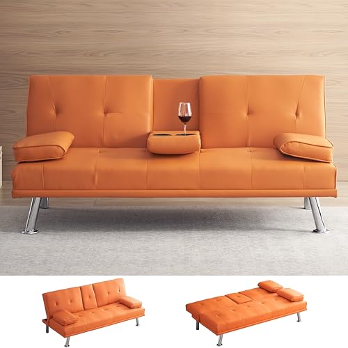KEIKI 67" Leather Folding Futon Sofa w/Cup Holder & Adjustable Backrest, Mid Century Modern Couch Loveseat Convertible to Sleeper Bed, Comfy Cloud Couch SofaBed for Living Room & Bedroom, Orange KEIKI