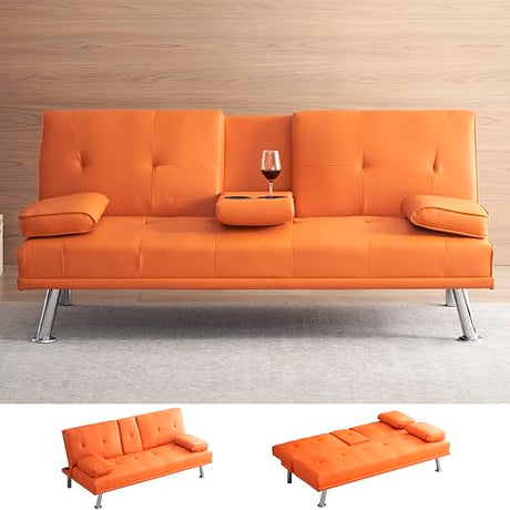 KEIKI 67" Leather Folding Futon Sofa w/Cup Holder & Adjustable Backrest, Mid Century Modern Couch Loveseat Convertible to Sleeper Bed, Comfy Cloud Couch SofaBed for Living Room & Bedroom, Orange KEIKI