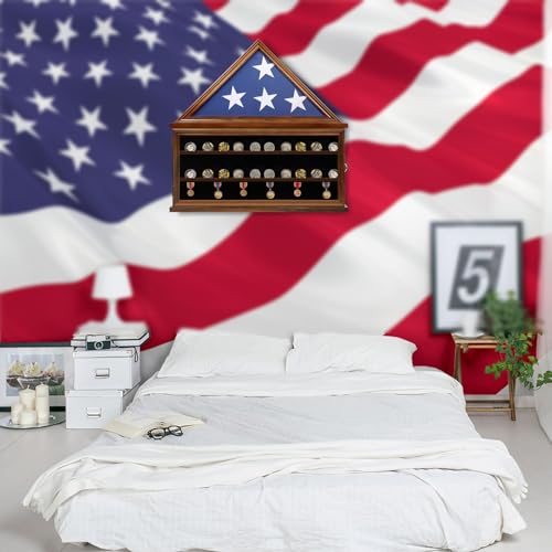 Zmiky Large Burial Flag & Military Challenge Coin Display Case Solid Wood Cabinet Fits a 5 X 9.5 Flag Folded Removable 2 Grooves Shelves and Lockable Zmiky