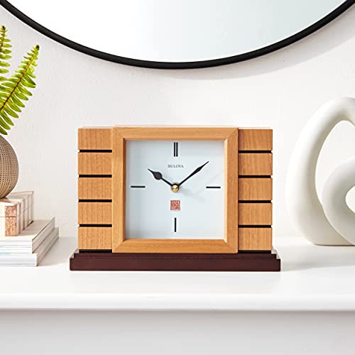 Bulova B1659 Usonian II Frank Lloyd Wright Mantel Clock, Natural Finish with Walnut Stain Base Bulova