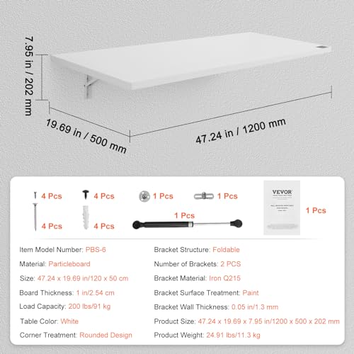 VEVOR Wall Mounted Folding Table, 47.24" x 19.69" Wall Mount Drop Leaf Table, Floating Desk with Iron Bracket, Fold Down Desk for Small Spaces, Home Office, Dining, Laundry Room, Kitchen, Bar, White VEVOR