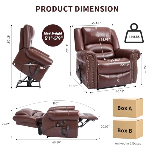 EZZUP Genuine Leather Power Lift Recliner Chair, Lazy Boy Recliner Chair with Charging Ports for Living Room Theater Seating, Electric Single Sofa with Round Armrest, Red