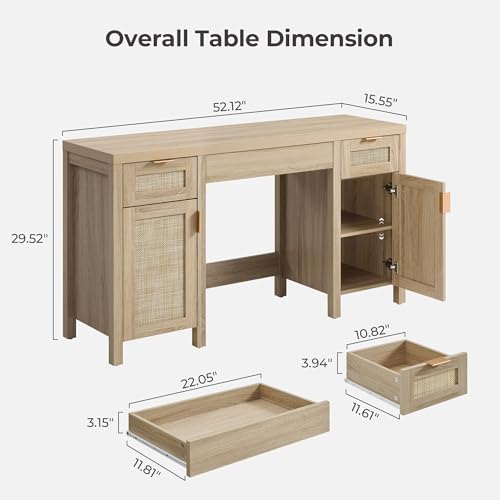SICOTAS Rattan Vanity Home Office Desk - 52" Large Farmhouse Boho Makeup Vanity Dressing Table with 3 Drawers & 2 Storage Cabinets, Vanities Desk for Makeup Room, Bedroom, Home Office, Light Oak SICOTAS