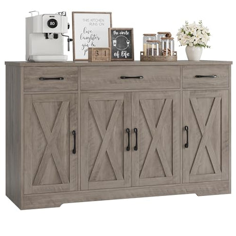 HOSTACK Buffet Sideboard Cabinet with Drawers, 55" Large Buffet Storage Cabinet with Shelves & 4 Doors, Modern Farmhouse Coffee Bar Cabinet Wood Buffet Table for Kitchen, Dining Room, Ash Grey HOSTACK
