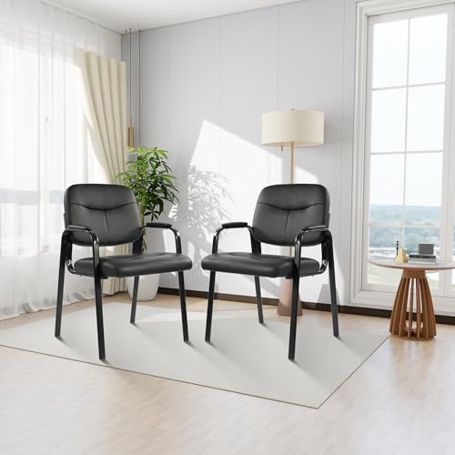 Elevon Waiting Room Chairs No Wheels Set of 4, Leather Stationary Office Reception Guest Chair with Padded Arms for Elderly Desk Conference Room Lobby Table Side Salon Elevon