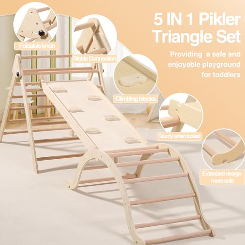 Giant bean Large Foldable Pikler Triangle Set with Sliding Ramp & Climbing Arch Ramp, 5-in-1 Wooden Toddler Climbing Toys Indoor,Playground Jungle Gym for Kids Age 3-6, Montessori Climbing Set Giant bean