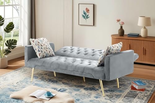 Trygoal Futon Sofa Bed, Convertible Futon Couch with Adjustable Backrest, 68.31” Folding Sofa Bed with 2 Pillows & Metal Legs, Sleeper Loveseat with Armrest for Home Office, Dark Gray Trygoal