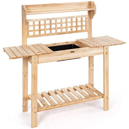 Giantex Garden Potting Bench, Outdoor Wood Work Table w/Sliding Tabletop, Planter Bench Work Station w/Removable Sink & Storage Shelves for Backyard Patio Balcony, Natural - WoodArtSupply