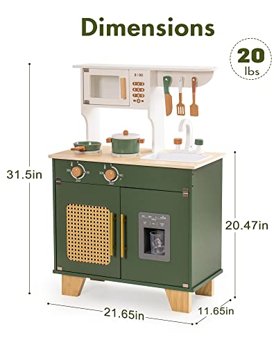 ROBUD Vintage Green Wooden Kitchen Sets for Kids Toddler, Pretend Play Kitchen with Working Ice Machine, Microwave Oven, Ages 3+ ROBUD