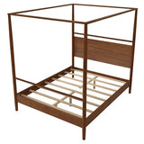 Solid Wood Canopy Platform Bed Queen Size,Mid-Century Modern Four Posters Platform Bed Frame with Full-Length Slide Rails & Headboard,Under-Bed Space,No Box Spring Needed,Walnut